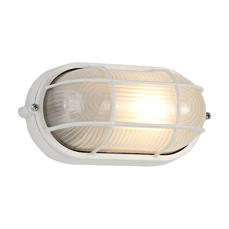 Avon IP44 Oval Outdoor Wall Light in white, 21cm, with frosted glass diffuser and cross-bar cage detail, shown lit on a plain white background.