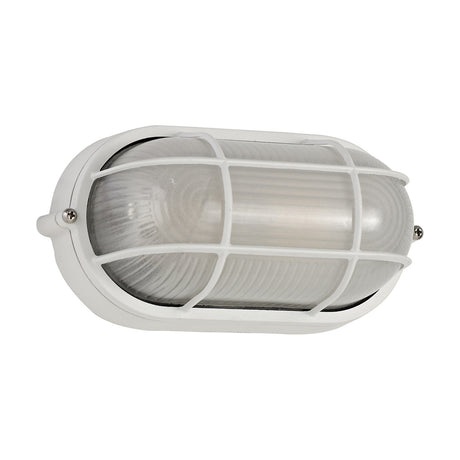 Avon IP44 Oval Outdoor Wall Light 21cm in white, showing the aluminium surround, frosted glass cover, and cross-bar grille over an E27 lamp holder on a plain background.
