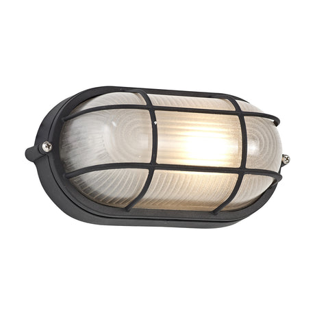 Avon IP44 oval outdoor wall light, 21cm, in black aluminium with a frosted glass shade and cage-style guard, shown lit against a plain white background.