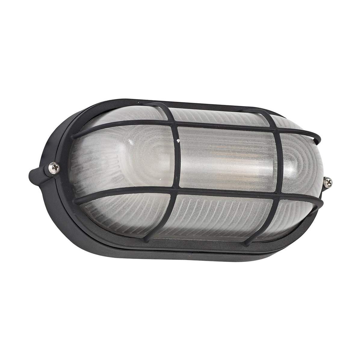 Avon IP44 oval outdoor wall light in black, 21cm aluminium frame with frosted glass diffuser and cage-style grille, shown on a plain white background.