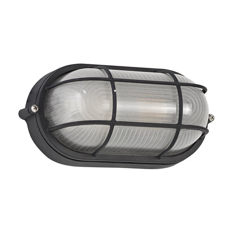 Avon IP44 oval outdoor wall light in black, 21cm aluminium frame with frosted glass diffuser and cage-style grille, shown on a plain white background.