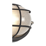 Close-up of the Avon IP44 oval outdoor wall light in black, showing frosted glass diffuser, aluminium cage frame, and visible fixing screw, on a plain white background.