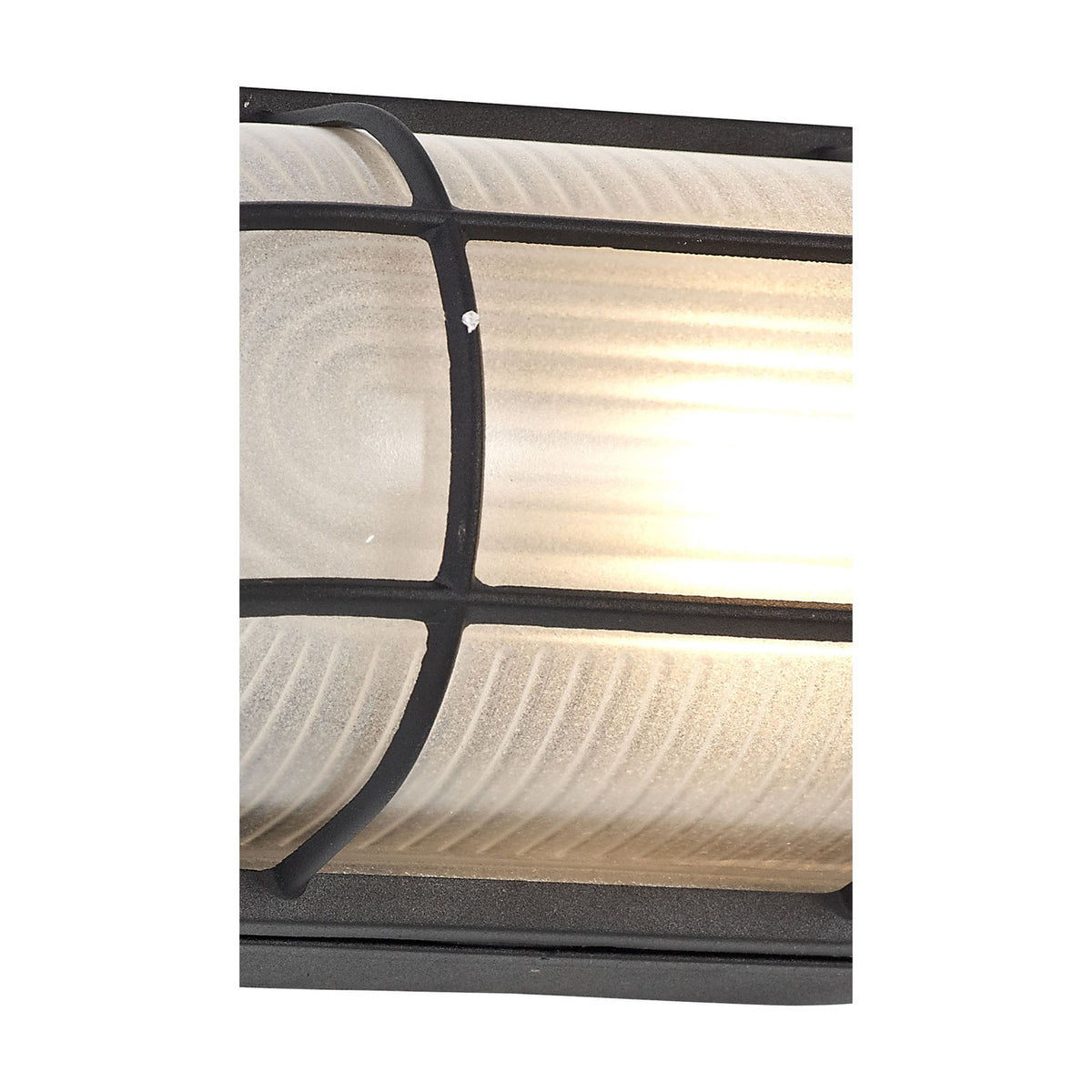 Close-up of the Avon IP44 oval outdoor wall light in black, showing the frosted ribbed glass shade lit from within and the slim black cage surround, E27 fitting.