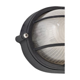 Close-up of the Avon IP44 oval outdoor wall light in black, showing the frosted glass diffuser, cage-style guard and fixing screw against a white background.