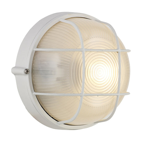 Avon IP44 round outdoor wall light in white, 19cm frosted glass diffuser with a cross-bar grille and cast metal surround, shown lit against a plain white background.