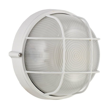 Avon IP44 round outdoor wall light in white aluminium with a frosted glass diffuser and cage guard, 19cm, shown against a plain white background.
