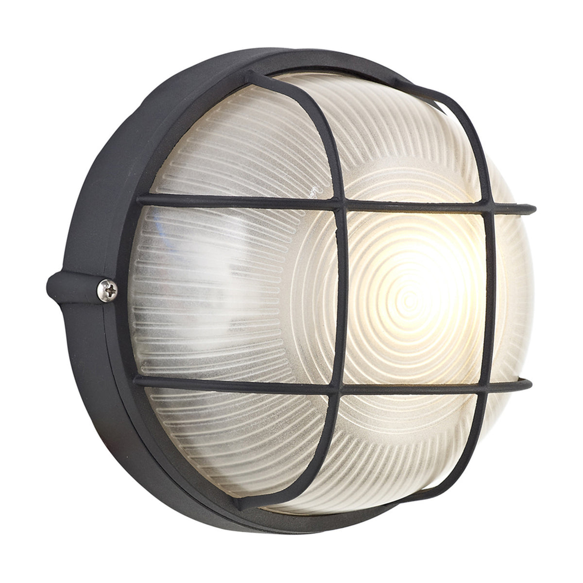Avon IP44 round outdoor wall light, 19cm, with frosted glass diffuser in a black aluminium surround and cross-bar grille, shown lit on a white background.