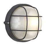 Avon IP44 round outdoor wall light, 19cm, with frosted glass diffuser in a black aluminium surround and cross-bar grille, shown lit on a white background.