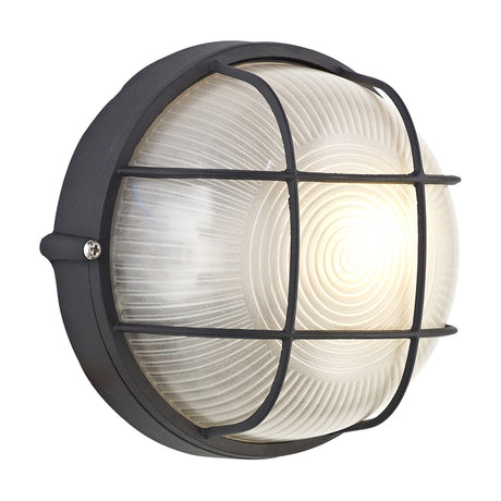 Avon IP44 round outdoor wall light, 19cm, with frosted glass diffuser in a black aluminium surround and cross-bar grille, shown lit on a white background.