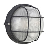 Avon IP44 round outdoor wall light in black, 19cm, with frosted glass diffuser and cross bar detail, shown on a plain white background.