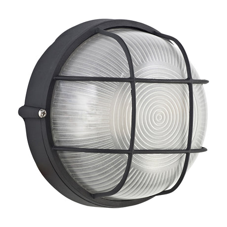 Avon IP44 round outdoor wall light in black, 19cm, with frosted glass diffuser and cross bar detail, shown on a plain white background.