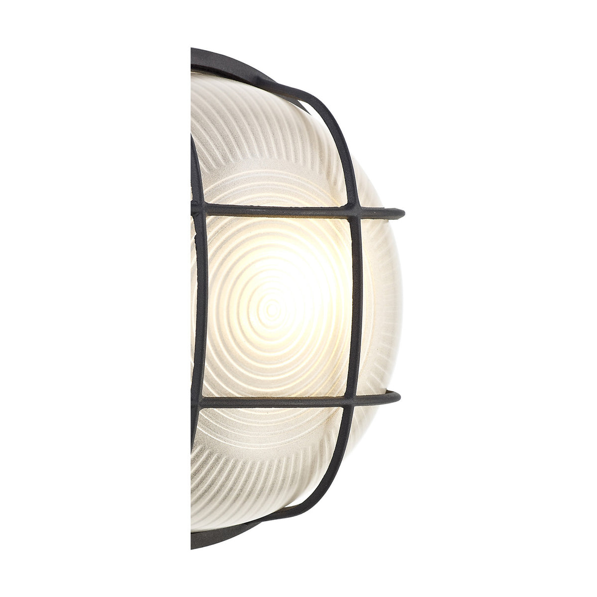 Avon IP44 Round Outdoor Wall Light in black, 19cm, close-up of the ridged frosted glass diffuser with black cage cover and warm bulb glow, plain white background.