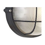 Close-up of the Avon IP44 round outdoor wall light with black surround, cross-bar detailing, and ridged frosted glass diffuser, shown on a white background.