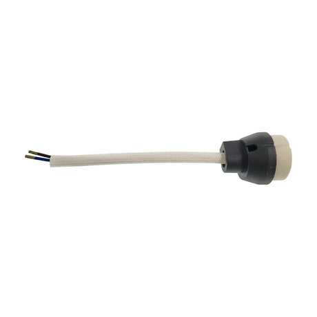 Additions GU10 lampholder, 30mm ceramic body in white and black with braided white cable and bare wire ends, shown on a plain white background.