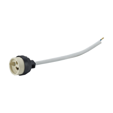 Additions GU10 lampholder, 30mm, white ceramic body with black rubber grip and white cable, on a plain white background.