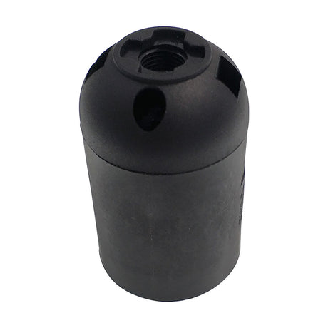 Additions E27 Lampholder 37mm in black, plain cylindrical body with threaded top entry and side cord entry hole, shown on a white background.
