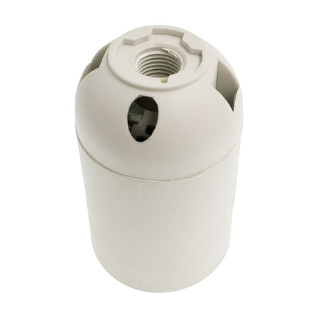 White plastic E27 lampholder, 37mm cylindrical body with internal threaded fitting and cord entry hole, shown on a plain white background.