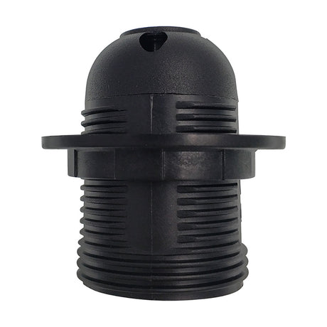 Additions E27 lampholder in black, 59mm continental pattern holder with threaded shade ring, ribbed plastic casing, shown on a plain white background.