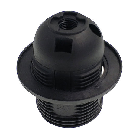 Additions E27 lampholder in black plastic, 59mm continental pattern holder with threaded shade ring and screw terminal, shown against a plain white background.
