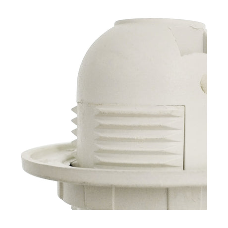 Close-up of the Additions E27 Lampholder 59mm in white plastic, showing the ribbed grip section and shade ring against a plain background.