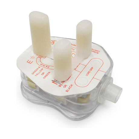 Additions 3A UK plug top, 60mm long, in clear polycarbonate showing pins, fuse and cord grip terminals, photographed on a plain white background.
