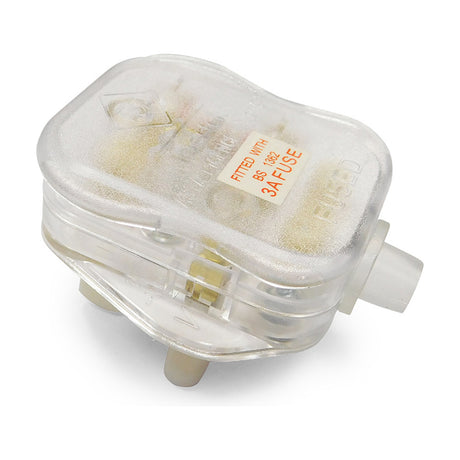 Additions 3A UK plug top in clear polycarbonate, 60mm long, showing visible pins and BS 1362 3A fuse label, photographed on a plain white background.