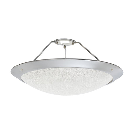 Lowa 30cm ceiling diffuser in polished chrome with a crystalline white textured shade, suspended by three chrome rods, shown on a plain white background.