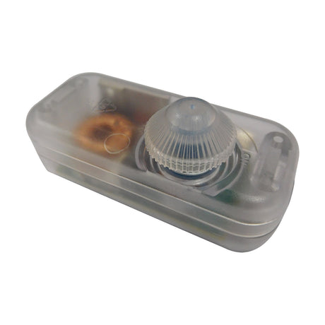 Elements 200W Inline Dimmer, 80mm clear plastic housing with a ribbed rotary knob for adjusting lamp brightness along the flex, shown on a plain white background.