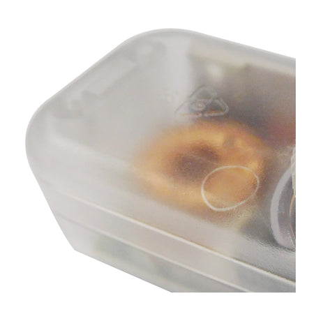 Close-up of the Elements 200W Inline Dimmer, a clear plastic inline flex switch with rounded corners and internal wiring visible through the translucent casing.