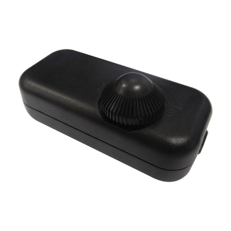 Elements 200W Inline Dimmer, black plastic rotary switch with ribbed knob marked ON/OFF, compact rectangular casing on a plain white background.