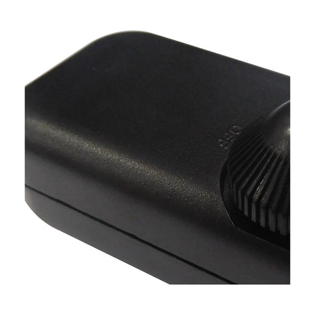 Close-up of the Elements 200W Inline Dimmer in black plastic, showing the rounded rectangular body and ridged rotary knob against a plain white background.