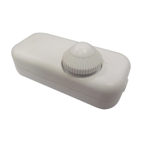 White plastic inline dimmer switch, 80mm long rectangular casing with ridged rotary knob control, shown on a plain white background.