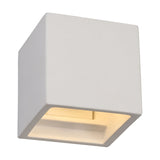 Alina G9 Square Wall Light in white paintable gypsum, a cube-shaped fixture with a downward-facing cutout revealing a warm glow, shown against a plain white background.