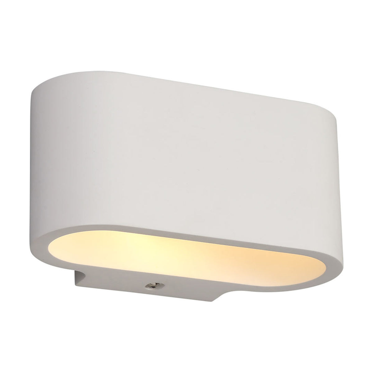 Alina G9 Oval Wall Light in white paintable gypsum, smooth curved rectangular design with an open base revealing a warm glow, shown on a plain white background.