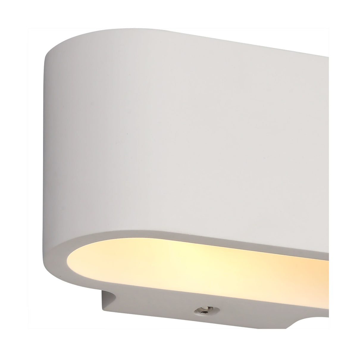 Close-up of the Alina G9 Oval Wall Light in white paintable gypsum, showing the smooth curved edge and warm light glowing from the open underside on a white background.