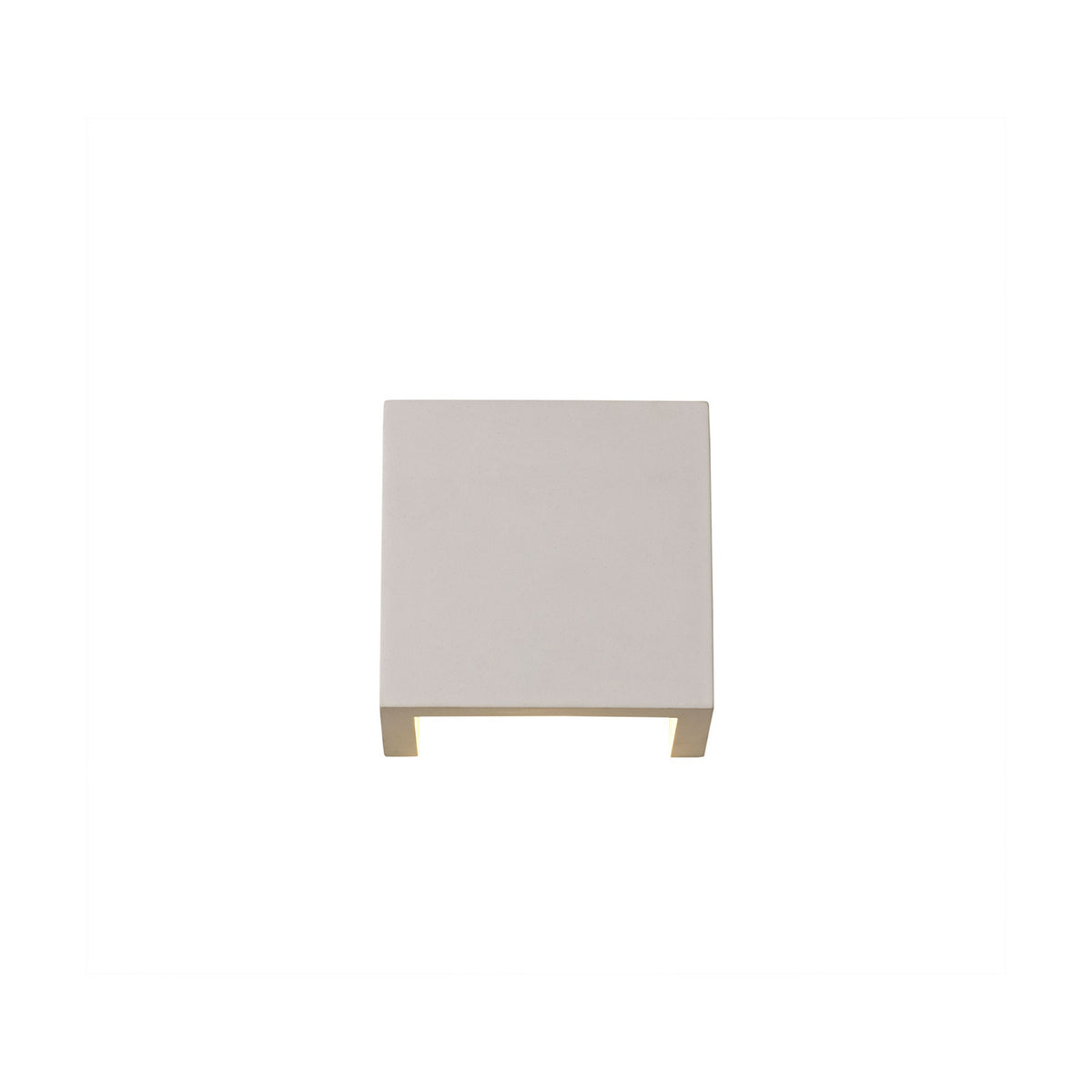 Alina square wall light in white paintable gypsum, a compact cube-shaped fixture with open base slot for warm white LED glow, shown on a plain white background.