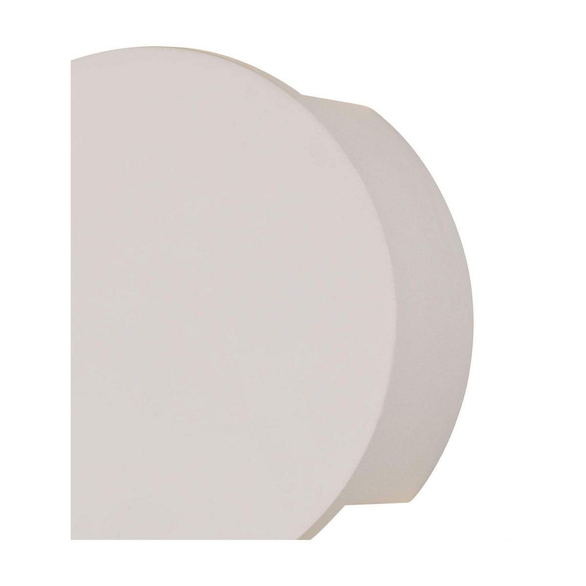 Close-up side profile of the Alina 6.5W Round Wall Light 15.5cm in white paintable gypsum, showing its shallow curved disc form against a plain white background.