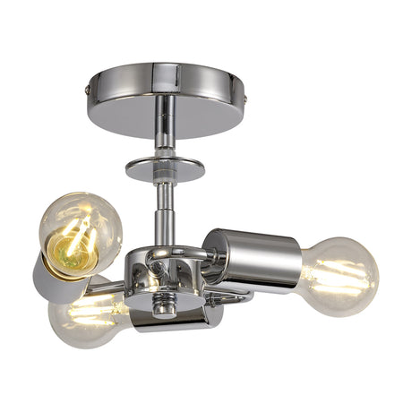 Baymont 3 Light E27 Flush Ceiling Light in polished chrome, 24cm round ceiling plate with three angled arms holding exposed bulbs, shown on a white background.