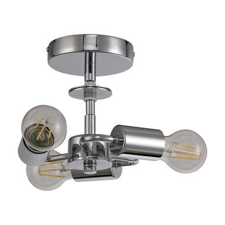 Baymont 3 Light E27 Flush Ceiling Light 24cm in polished chrome, showing three angled sockets with visible bulbs on a round ceiling plate, set against a plain white background.