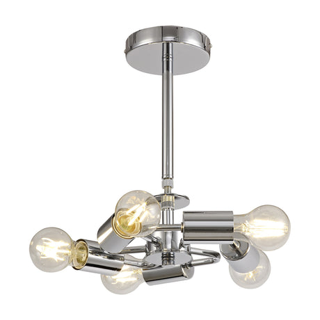 Baymont 5 Light Semi Flush Ceiling Light in polished chrome, featuring a 28cm round ceiling plate with five splayed arms holding exposed E27 bulbs, shown on a plain white background.