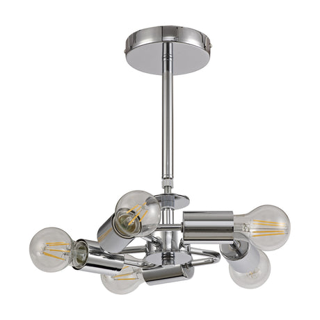 Baymont 5 Light Semi Flush Ceiling Light in polished chrome, featuring a 28cm round plate with five angled E27 holders fitted with exposed filament bulbs, shown on a white background.