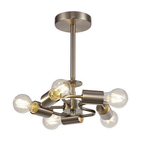 Baymont 5 Light E27 semi-flush ceiling light in satin nickel, with a compact 28cm round ceiling plate and five outward-angled arms holding exposed bulbs, shown on a plain white background.