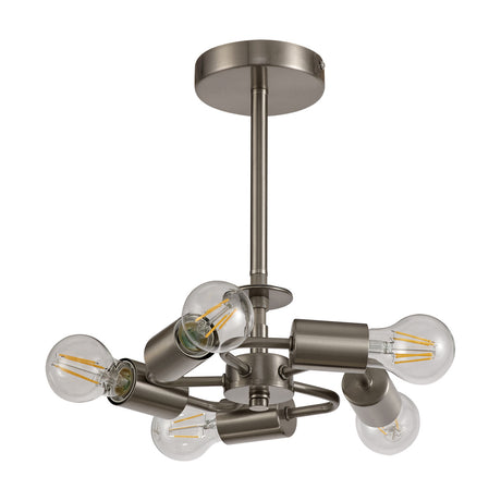 Baymont 5 Light E27 semi-flush ceiling light in satin nickel, five angled arms holding exposed bulbs from a compact 28cm plate, shown on a white background.