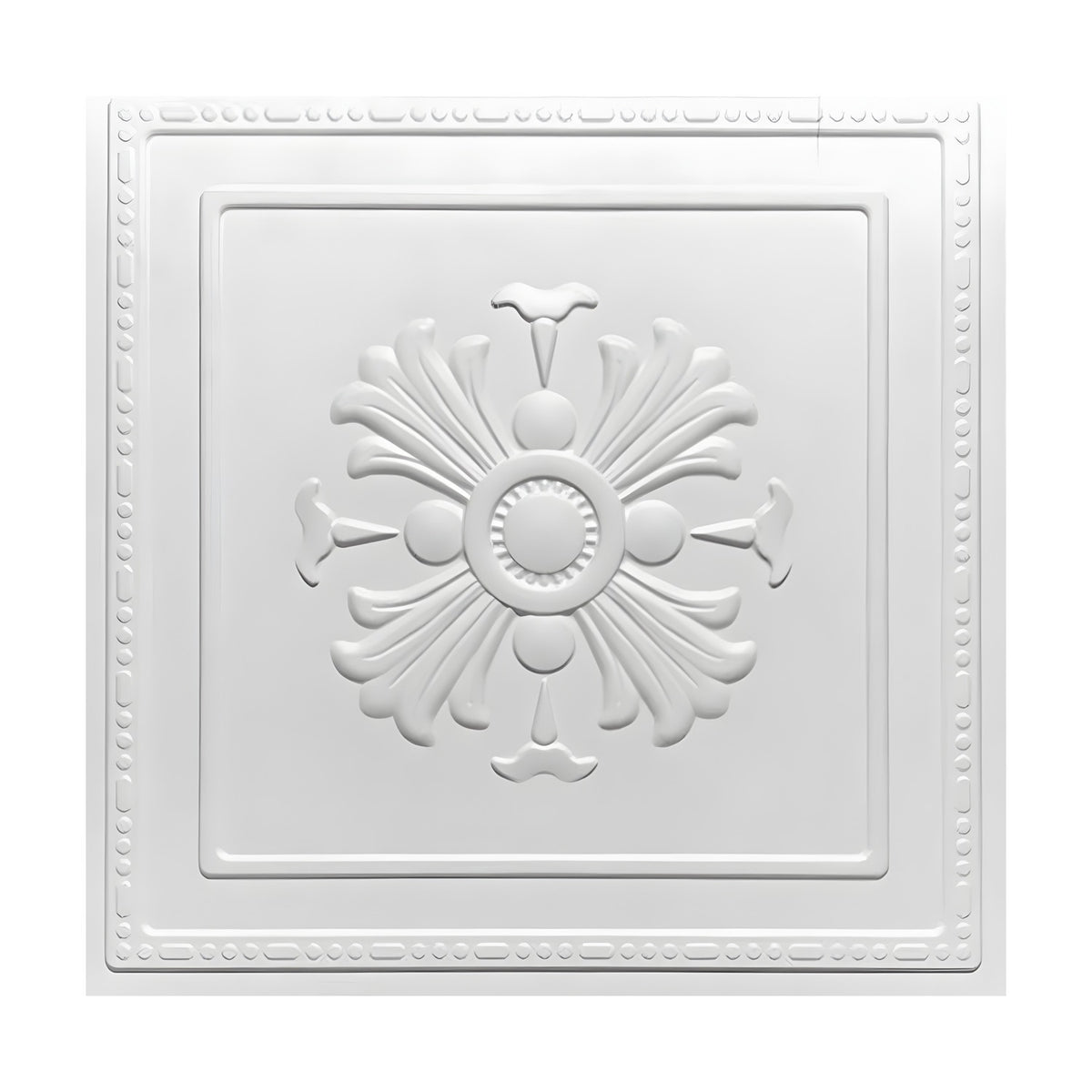 White square PVC 3D wall panel, 50 x 50cm, featuring a raised central leaf rosette with beaded ring, flared flowers and curling leaf fans, framed by a beaded border.