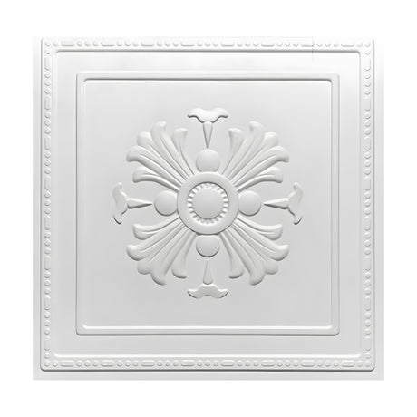White square PVC 3D wall panel, 50 x 50cm, featuring a raised central leaf rosette with beaded ring, flared flowers and curling leaf fans, framed by a beaded border.