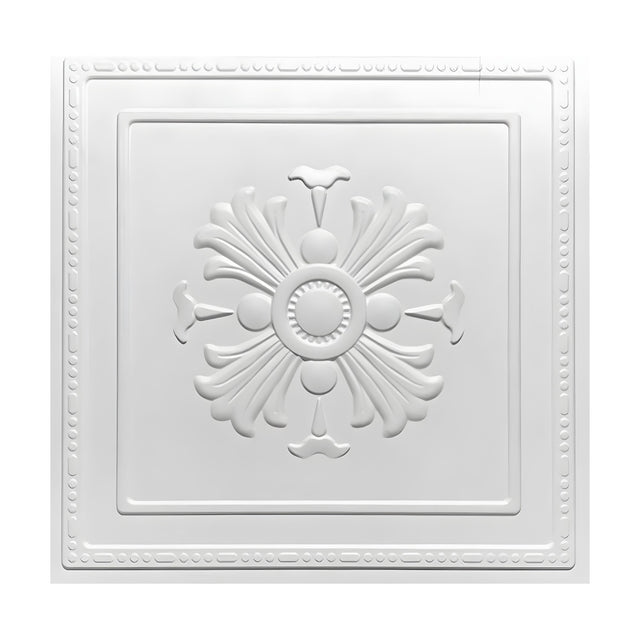 White square PVC 3D wall panel, 50 x 50cm, featuring a raised central leaf rosette with beaded ring, flared flowers and curling leaf fans, framed by a beaded border.