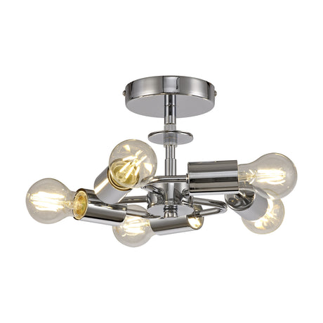 Baymont 5 Light E27 flush ceiling light in polished chrome, five splayed holders with visible bulbs radiating from a central chrome plate, shown on a plain white background.