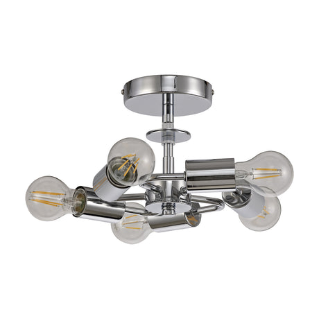 Baymont 5 Light E27 Flush Ceiling Light in polished chrome, five splayed arms with exposed bulb holders and round ceiling plate, shown with clear bulbs on a plain white background.