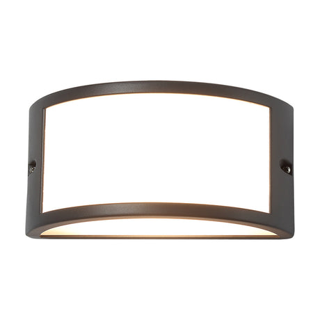 Haysi 10W IP54 outdoor wall light in anthracite, an oblong aluminium fixture with a curved top and an opal white diffuser panel, shown on a plain white background.