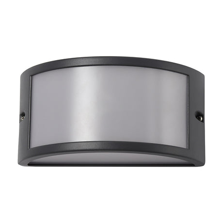 Haysi 10W IP54 outdoor wall light in anthracite, oblong shape with curved edges and an opal white diffuser panel, visible mounting screws, shown on a plain white background.